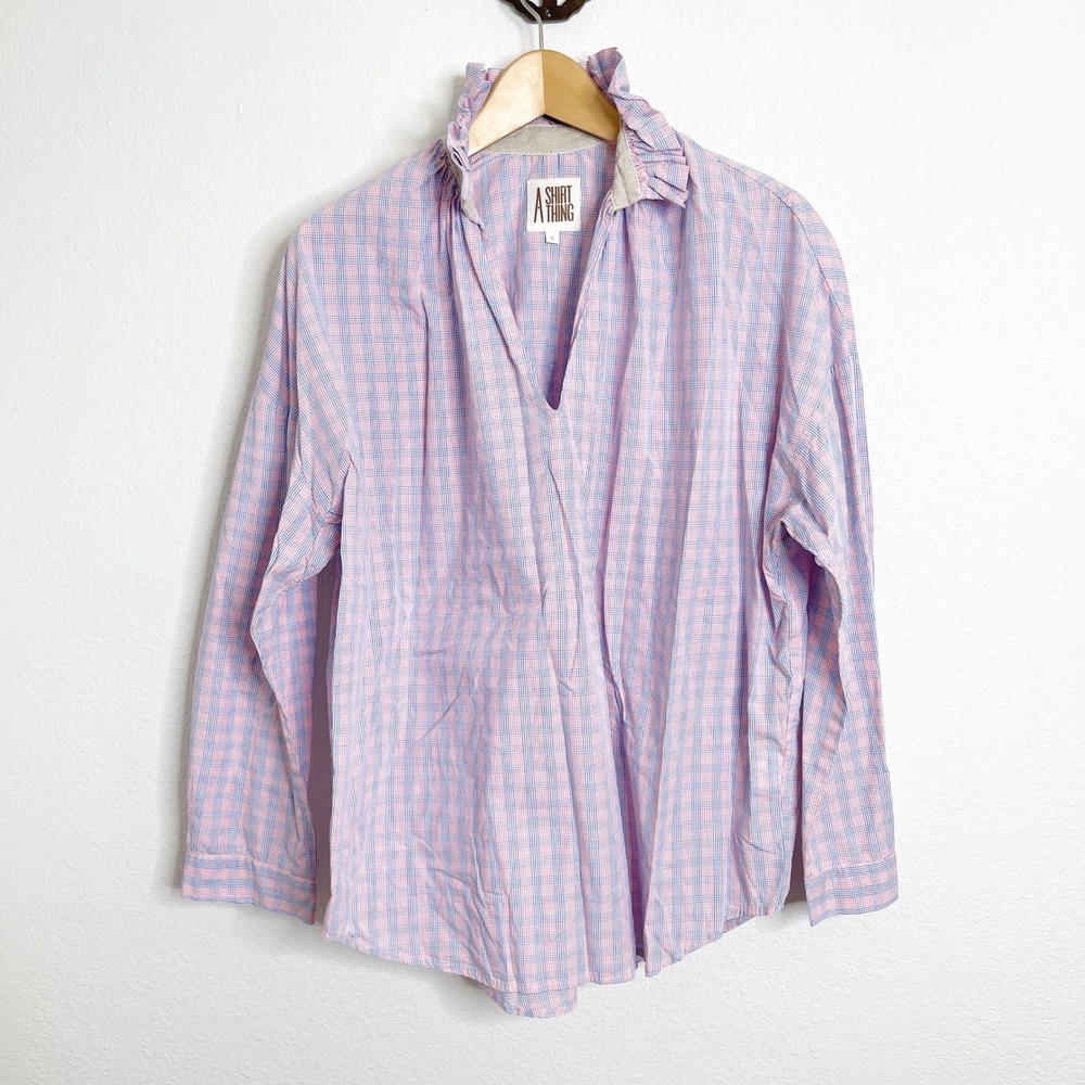 A Shirt Thing Pink Blue Plaid Ruffle Collar V-Neck Cotton Blouse Large